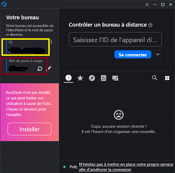 Interface RustDesk avec ID et mot de passe